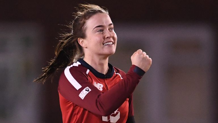 Mady Villiers of England celebrates with teammates after dismissing Chinelle Henry of the West Indies during the 2nd Vitality IT20 between England Women v West Indies Women at the Incora County Ground on September 23, 2020 in Derby, England