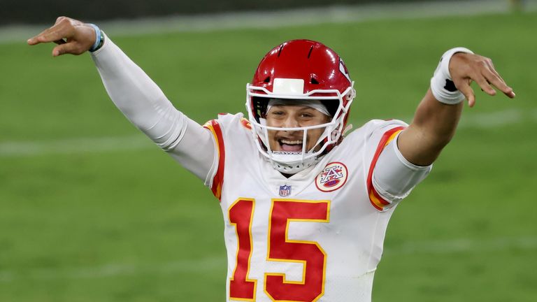 Quarterback Patrick Mahomes #15 of the Kansas City Chiefs celebrates after throwing a fourth quarter touchdown pass against the Baltimore Ravens at M&T Bank Stadium 