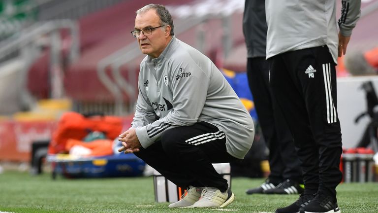Marcelo Bielsa looks on as his Leeds United team take on Liverpool at Anfield