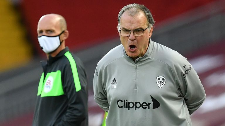 Marcelo Bielsa during Liverpool vs Leeds at Anfield