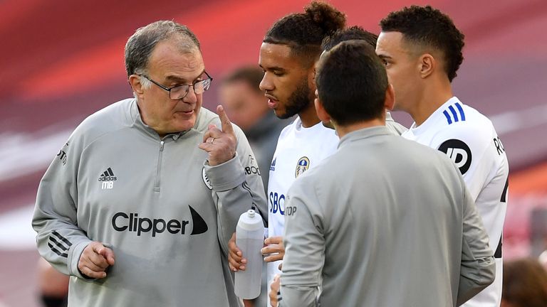 Leeds head coach Marcelo Bielsa gets his point across against Liverpool