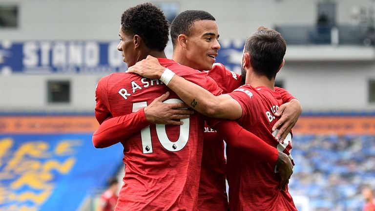 Marcus Rashford celebrates with team-mates Bruno Fernandes and Mason Greenwood