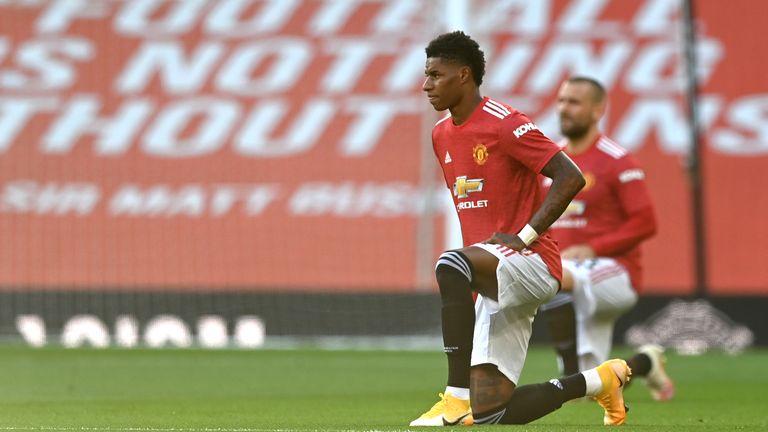 Marcus Rashford takes a knee in support of Black Lives Matter