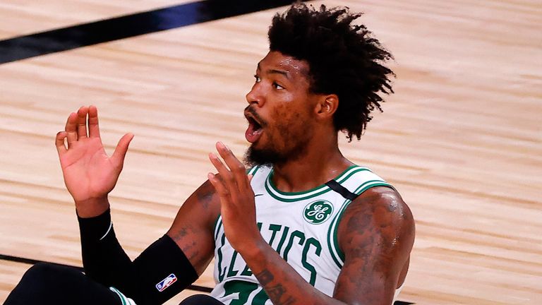 Marcus Smart shows his dismay at a call during the Boston Celtics'  Game 6 loss to the Miami Heat