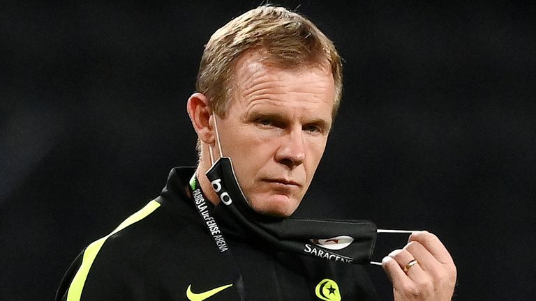 Saracens' head coach Mark McCall looks on ahead of the European Rugby Champions Cup semi-final rugby union match between Racing 92 and Saracens on September 26, 2020 at the U Arena in Nanterre, near Paris. (Photo by FRANCK FIFE / AFP) (Photo by FRANCK FIFE/AFP via Getty Images)