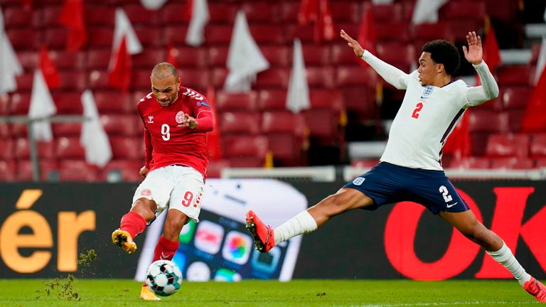 Martin Braithwaite fires wide with Denmark the better side in the first half