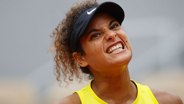 Egypt's Mayar Sherif reacts as she plays against Czech Republic's Karolina Pliskova during their women's singles first round tennis match on Day 3 of The Roland Garros 2020 French Open tennis tournament in Paris on September 29, 2020.