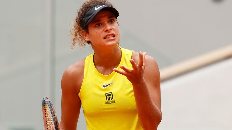 Mayar Sherif of Egypt reacts during her Women's Singles first round match against Karolina Pliskova of Czech Republic on day three of the 2020 French Open at Roland Garros on September 29, 2020 in Paris, France.