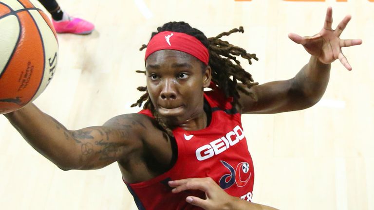 Myisha Hines-Allen claims a rebound during the Mystics win over the Liberty