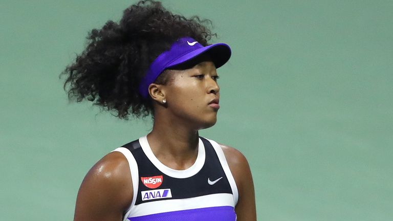 Naomi Osaka of Japan looks on during her Women’s Singles first round match against Misaki Doi of Japan on Day One of the 2020 US Open at the USTA Billie Jean King National Tennis Center on August 31, 2020 in the Queens borough of New York City. 