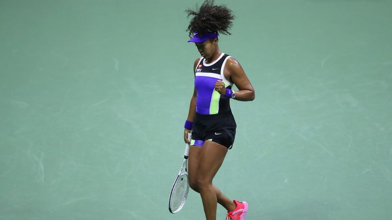 Naomi Osaka of Japan reacts during her Women’s Singles first round match against Misaki Doi of Japan on Day One of the 2020 US Open at the USTA Billie Jean King National Tennis Center on August 31, 2020 in the Queens borough of New York City. 