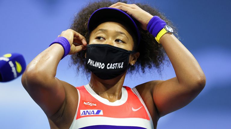 Naomi Osaka of Japan speaks after winning her Women's Singles semifinal match against Jennifer Brady of the United States on Day Eleven of the 2020 US Open at the USTA Billie Jean King National Tennis Center on September 10, 2020 in the Queens borough of New York City.