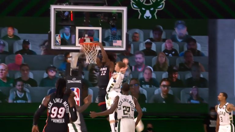 Jimmy Butler's impressive dunk saw Miami draw level with Milwaukee in the third quarter of Game 1 of their semi-final series.