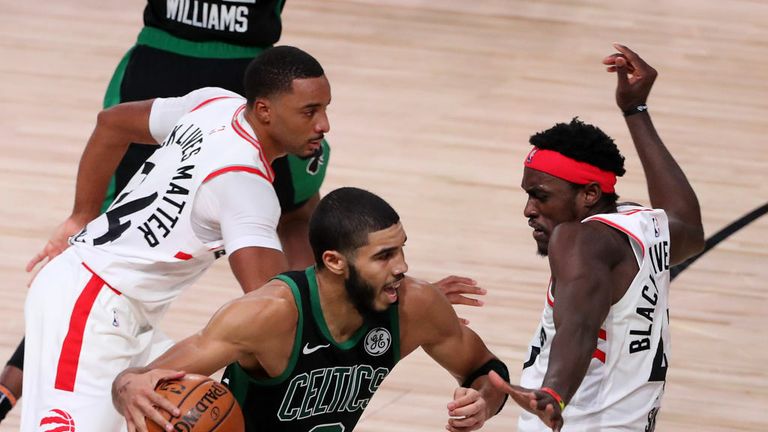  Jayson Tatum #0 of the Boston Celtics drives the ball against Pascal Siakam #43 of the Toronto Raptors during the fourth quarter in Game Seven of the Eastern Conference Second Round during the 2020 NBA Playoffs at AdventHealth Arena at the ESPN Wide World Of Sports Complex on September 11, 2020 in Lake Buena Vista, Florida. 