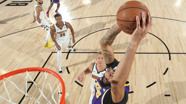 Anthony Davis #3 of the Los Angeles Lakers dunks the ball against the Denver Nuggets during Game Five of the Western Conference Finals of the NBA Playoffs on September 26, 2020 at AdventHealth Arena in Orlando, Florida.