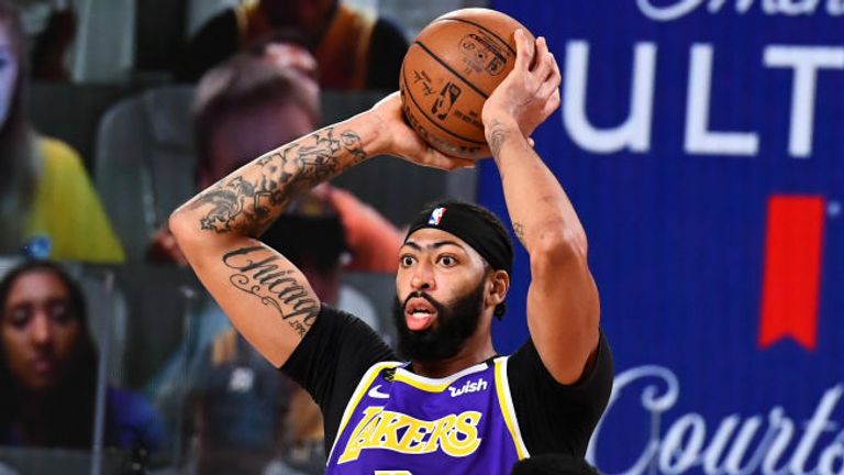 Anthony Davis #3 of the Los Angeles Lakers handles the ball during the game against the Denver Nuggets during Game Five of the Western Conference Finals of the NBA Playoffs on September 26, 2020 at The AdventHealth Arena at ESPN Wide World Of Sports Complex in Orlando, Florida.