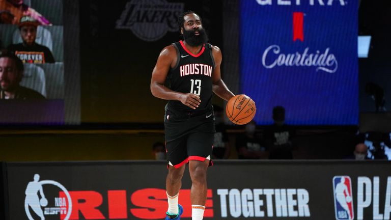 James Harden #13 of the Houston Rockets brings the ball up court against the Los Angeles Lakers during Game Five of the Western Conference SemiFinals of the NBA Playoffs on September 12, 2020 at AdventHealth Arena in Orlando, Florida. 