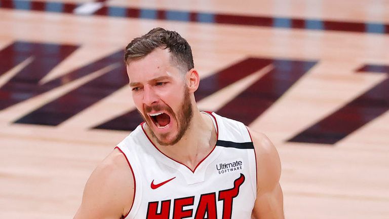Goran Dragic #7 of the Miami Heat reacts during the fourth quarter against the Boston Celtics in Game Two of the Eastern Conference Finals during the 2020 NBA Playoffs at AdventHealth Arena at the ESPN Wide World Of Sports Complex on September 17, 2020 in Lake Buena Vista, Florida.