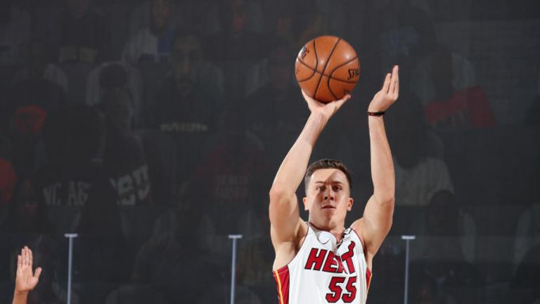  Duncan Robinson #55 of the Miami Heat shoots a three point basket during the game against the Boston Celtics during Game Two of the Eastern Conference Finals of the NBA Playoffs on September 17, 2020 at The AdventHealth Arena at ESPN Wide World Of Sports Complex in Orlando, Florida.