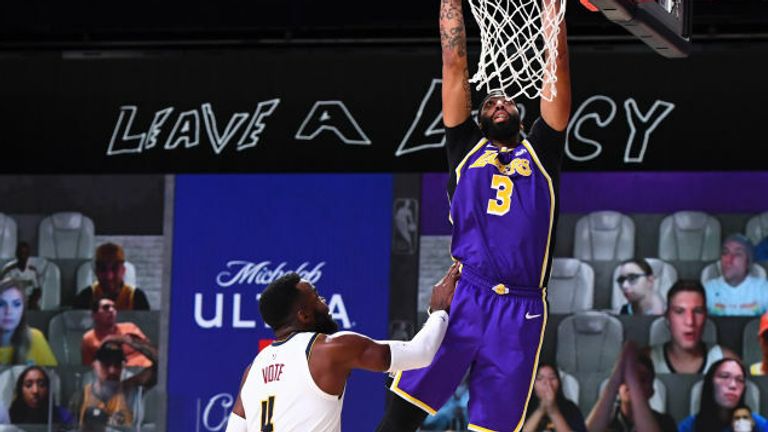  Anthony Davis #3 of the Los Angeles Lakers drives to the basket during the game against the Denver Nuggets during Game Five of the Western Conference Finals of the NBA Playoffs on September 26, 2020 at The AdventHealth Arena at ESPN Wide World Of Sports Complex in Orlando, Florida.