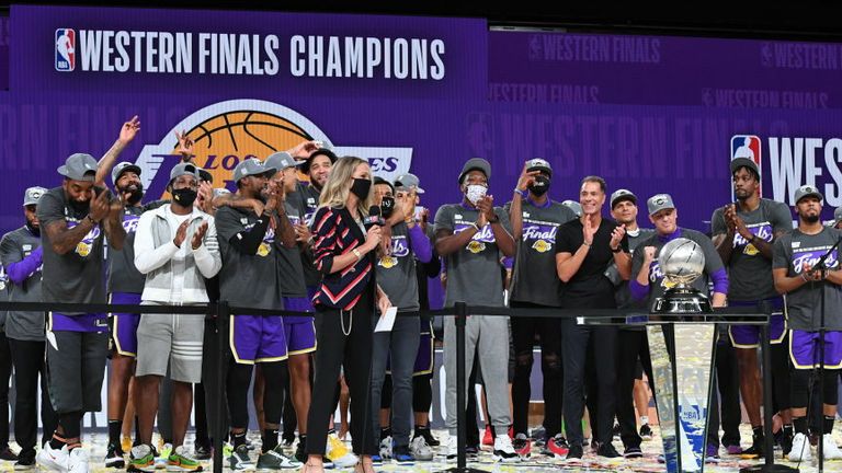 The Los Angeles Lakers celebrate after winning Game Five of the Western Conference Finals against the Denver Nuggets on September 26, 2020 in Orlando, Florida at AdventHealth Arena.