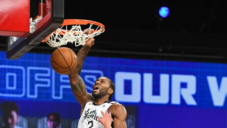 Kawhi Leonard #2 of the LA Clippers dunks the ball against the Denver Nuggets during Game Five of the Western Conference Semifinals of the NBA Playoffs on September 11, 2020 in Orlando, Florida at The Field House. 