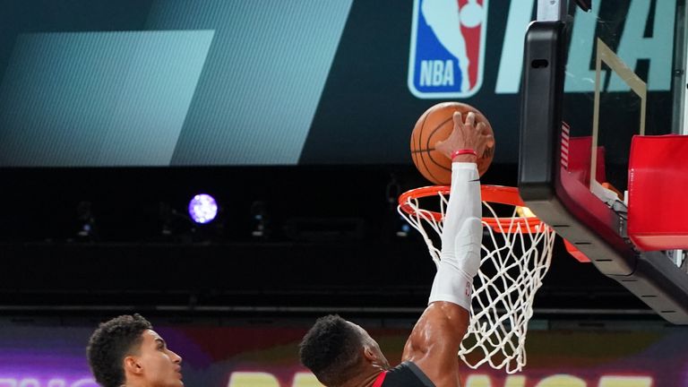 Russell Westbrook #0 of the Houston Rockets dunks the ball against the Los Angeles Lakers during Game Five of the Western Conference SemiFinals of the NBA Playoffs on September 12, 2020 at AdventHealth Arena in Orlando, Florida. 