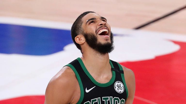 Jayson Tatum #0 of the Boston Celtics reacts after their win against the Toronto Raptors in Game Seven of the Eastern Conference Second Round during the 2020 NBA Playoffs at AdventHealth Arena at the ESPN Wide World Of Sports Complex on September 11, 2020 in Lake Buena Vista, Florida. 