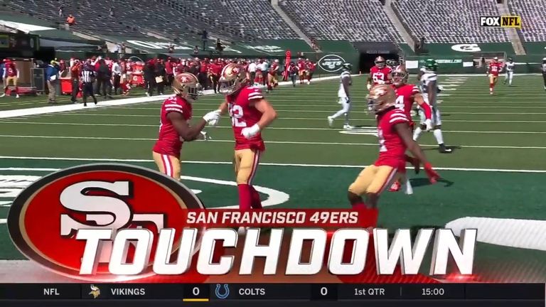 Raheem Mostert ran the length of the field to get the first touchdown of NFL Sunday as the San Francisco 49ers took the lead against the New York Jets.