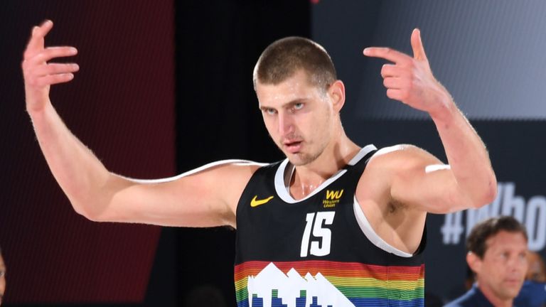 Nikola Jokic celebrates a basket during the Denver Nuggets&#39; Game 7 win over the Utah Jazz