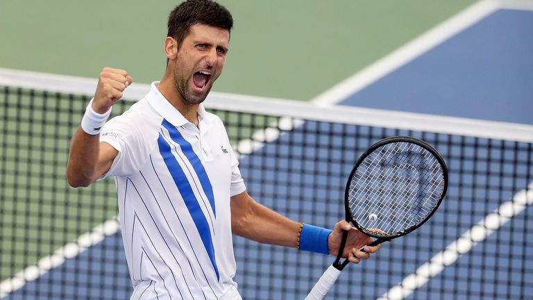 Novak Djokovic of Serbia celebrates his win over Milos Raonic of Canada in the men's singles final of the Western & Southern Open at the USTA Billie Jean King National Tennis Center on August 29, 2020 in the Queens borough of New York City. 