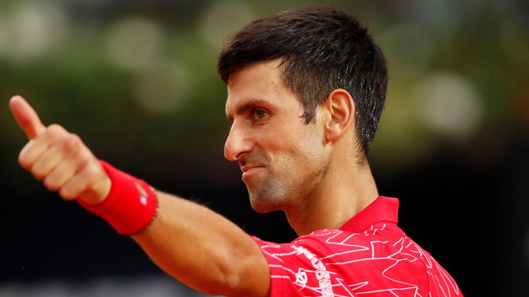 Novak Djokovic of Serbia reacts in his men&#39;s final match against Diego Schwartzman of Argentina during day eight of the Internazionali BNL d&#39;Italia at Foro Italico on September 21, 2020 in Rome, Italy