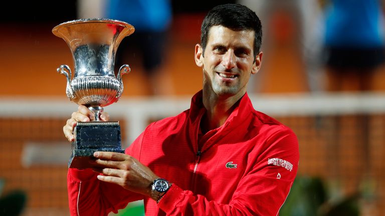 Novak Djokovic of Serbia poses with the trophy after winning his men&#39;s final match against Diego Schwartzman of Argentina during day eight of the Internazionali BNL d&#39;Italia at Foro Italico on September 21, 2020 in Rome, Italy.