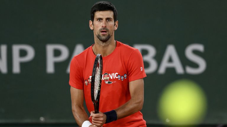 Novak Djokovic of Serbia in action during a training session at Roland Garros on September 25, 2020 in Paris, France. 