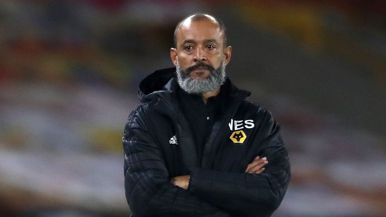 Wolves boss Nuno Espirito Santo watches on from the touchline