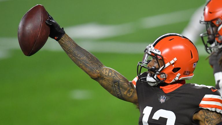 Odell Beckham Jr. of the Cleveland Browns celebrates a touchdown against the Cincinnati Bengals
