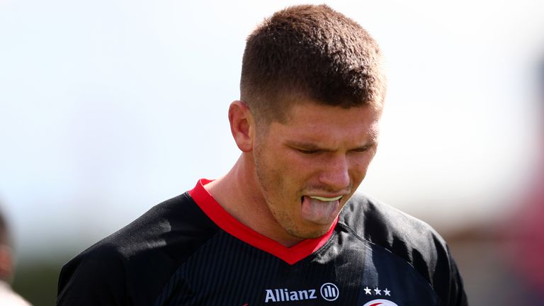 BARNET, ENGLAND - SEPTEMBER 05: Owen Farrell of Saracens reacts during the Gallagher Premiership Rugby match between Saracens and Wasps at on September 05, 2020 in Barnet, England. (Photo by Clive Rose/Getty Images)