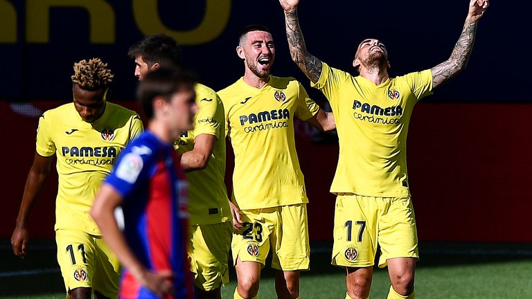 Paco Alcacer celebrates after scoring during Villarreal's La Liga win