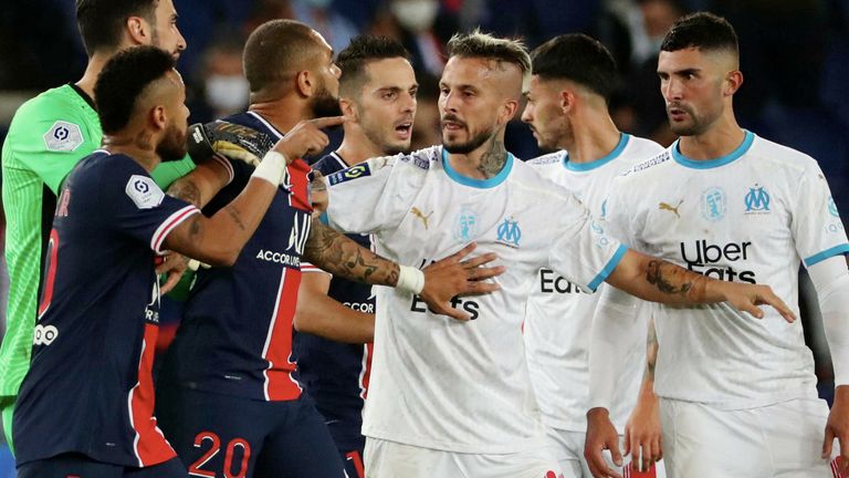 A total of five players were sent off during Marseille's 1-0 win against PSG at the Parc des Princes