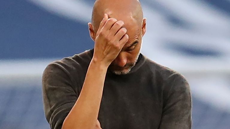 Pep Guardiola during Man City's 5-2 home defeat to Leicester City
