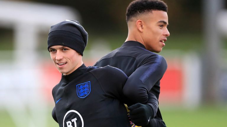 England&#39;s Phil Foden (left) and Mason Greenwood during a training session at St George&#39;s Park on November 11, 2019