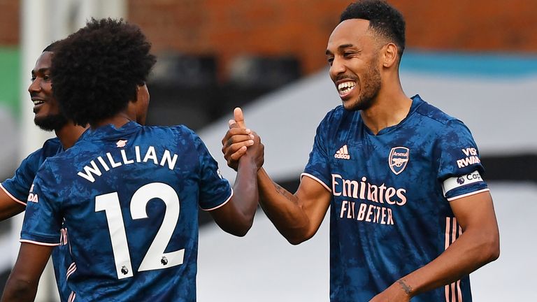 Pierre-Emerick Aubameyang celebrates scoring Arsenal's third goal with  Willian
