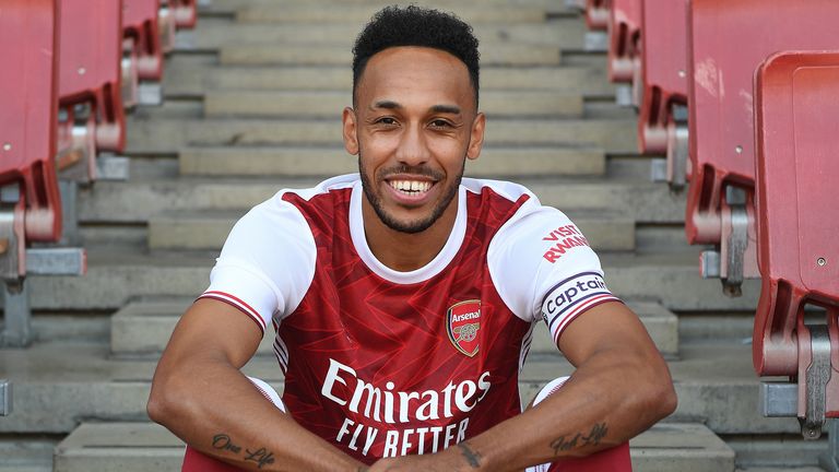 Pierre-Emerick Aubameyang pictured at the Emirates Stadium after signing a new three-year contract with Arsenal