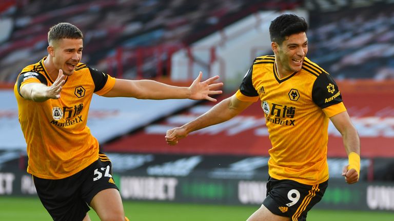 Raul Jimenez wheels away in celebration after giving Wolves the lead
