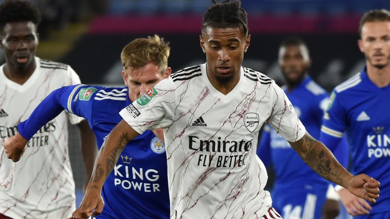 Reiss Nelson in action against Leicester in the Carabao Cup