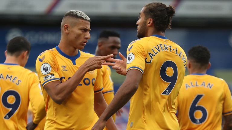 Richarlison celebrates with Dominic Calvert-Lewin after scoring Everton's second goal