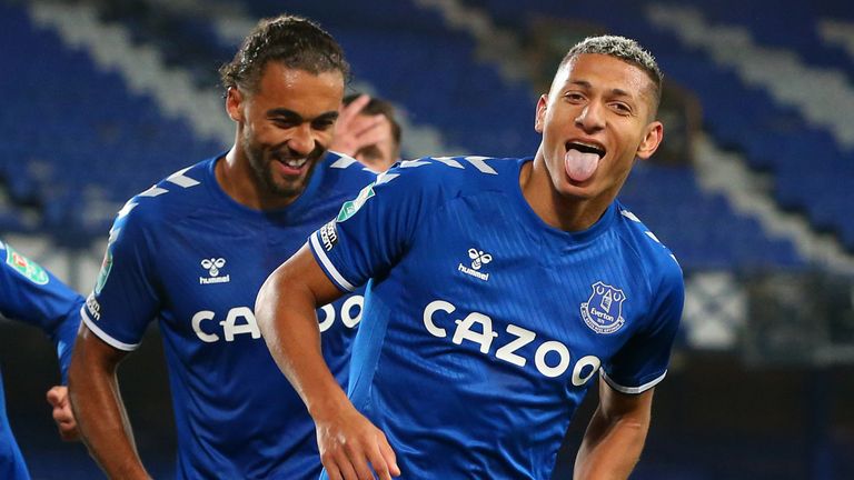 Richarlison celebrates with team-mates after scoring for Everton vs West Ham