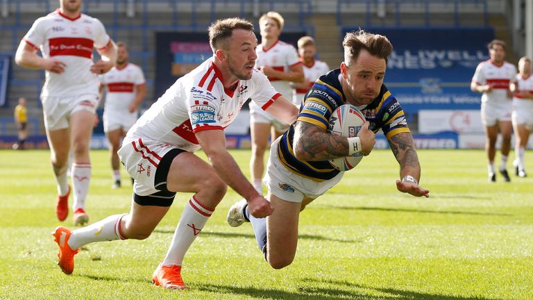 Picture by Ed Sykes/SWpix.com - 24/09/2020 - Rugby League - Betfred Super League - Hull KR v Leeds Rhinos - Halliwell Jones Stadium, Warrington, England - Leeds Rhinos' Richie Myler scores their fourth try