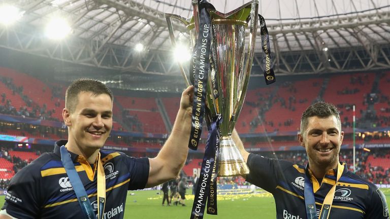 Johnny Sexton and Rob Kearney during the European Rugby Champions Cup Final match between Leinster Rugby and Racing 92 at San Mames Stadium on May 12, 2018 in Bilbao, Spain.