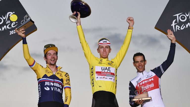 Porte (right) finished on the Tour de France podium earlier this month alongside Primoz Roglic and Tadej Pogacer